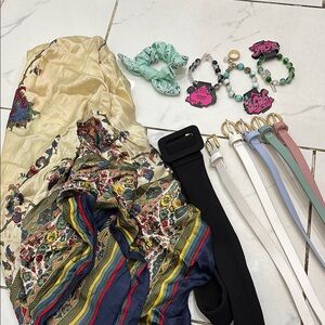 Floral Silk Scarf with Multicolor Belts and Bracelets